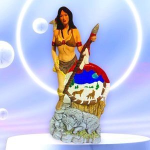 Rare Ceramic Native American "Woman Hunting With Wolf", Hand Painted Statue.